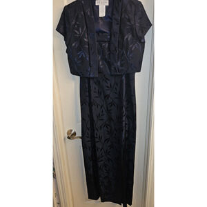 EUC Size 12 JR Nites Long Dress with Bolero Jacket Dark Navy with Bamboo Print